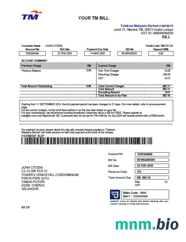 Malaysia Telekom rachunek za media szablon w formacie Word i PDF